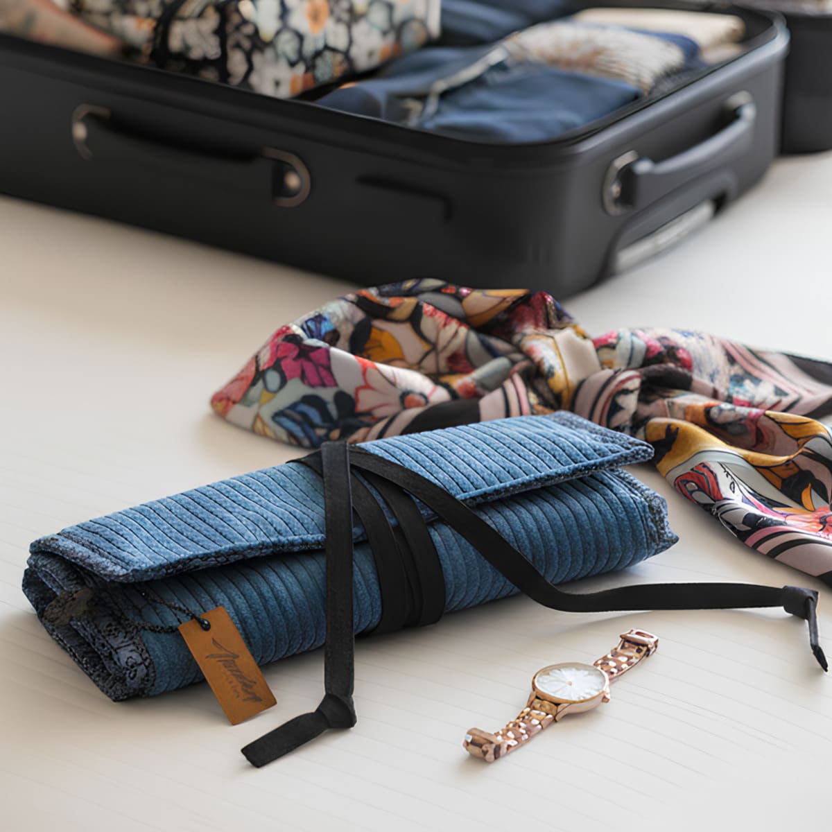 Une pochette à bijoux en velours bleu fermée posée à coté d'une valise, une montre et un foulard