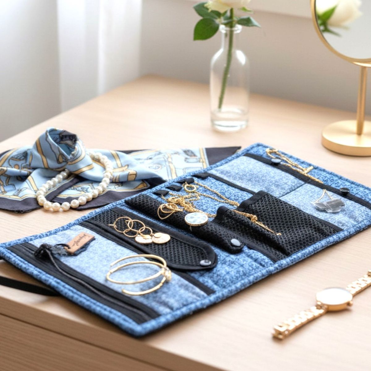 Pochette à bijoux en tissu bleu ouverte et garnie posée sur un meuble.