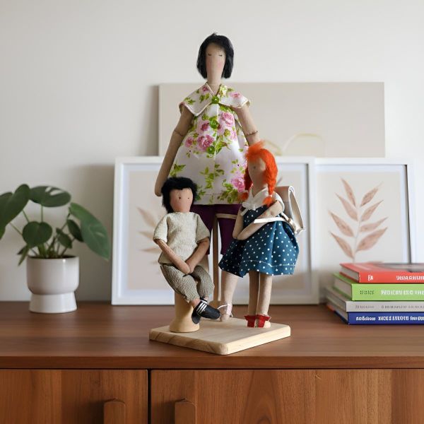 Trois poupées en tissu artisanales représentant une femme, un garçon, une fille posées sur un meuble en bois.