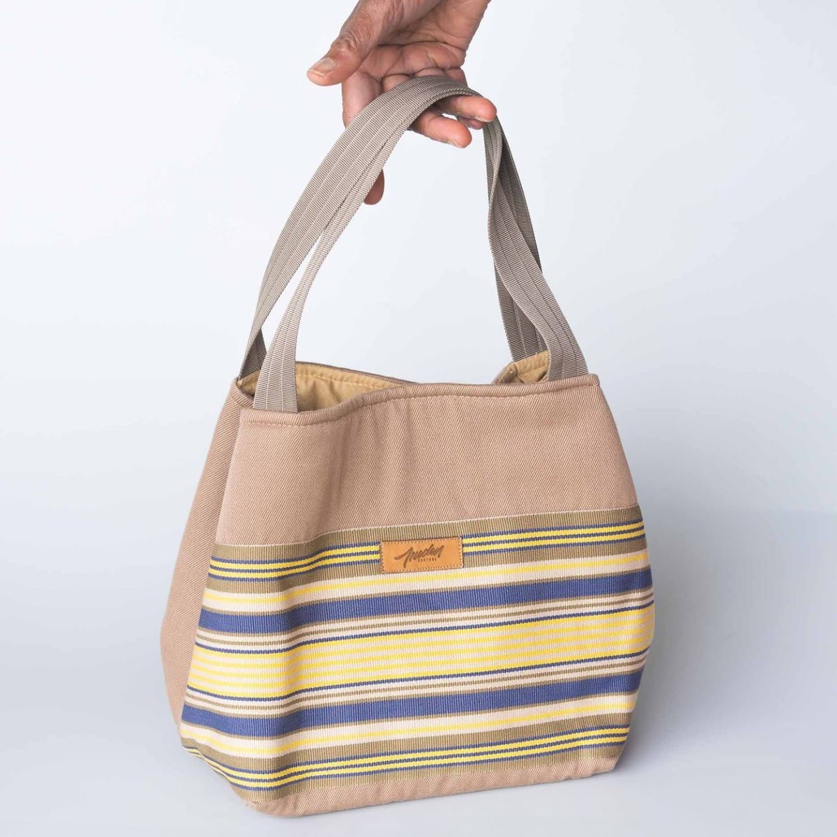 Sac panière en toile basque unie taupe et rayures espadrilles