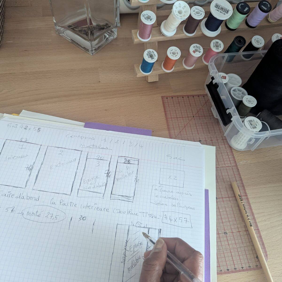 Atelier couture, esquisse d'un projet sur un cahier