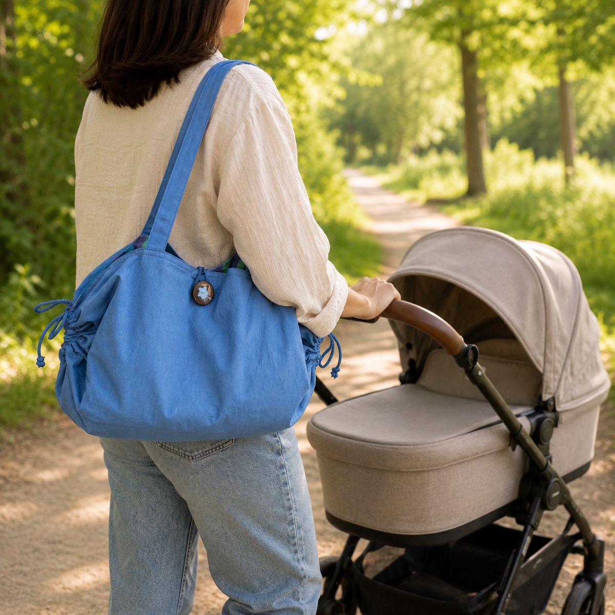 Le tapis de change bébé Ti'Posé porté à lépaule d'une femme poussant un landau